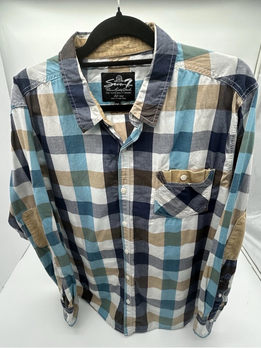 Seven7 Men's Plaid Button-Down Shirt in Blue, Tan & White